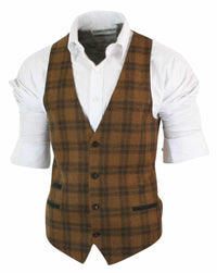 Mens Waistcoat Wool Tan Brown Check Tweed Classic Vintage Tailored Fit