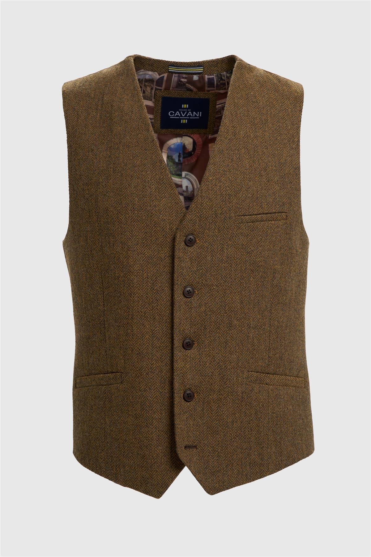 Thomas - Heren Bruin Wolmix Visgraat Tweed Vest