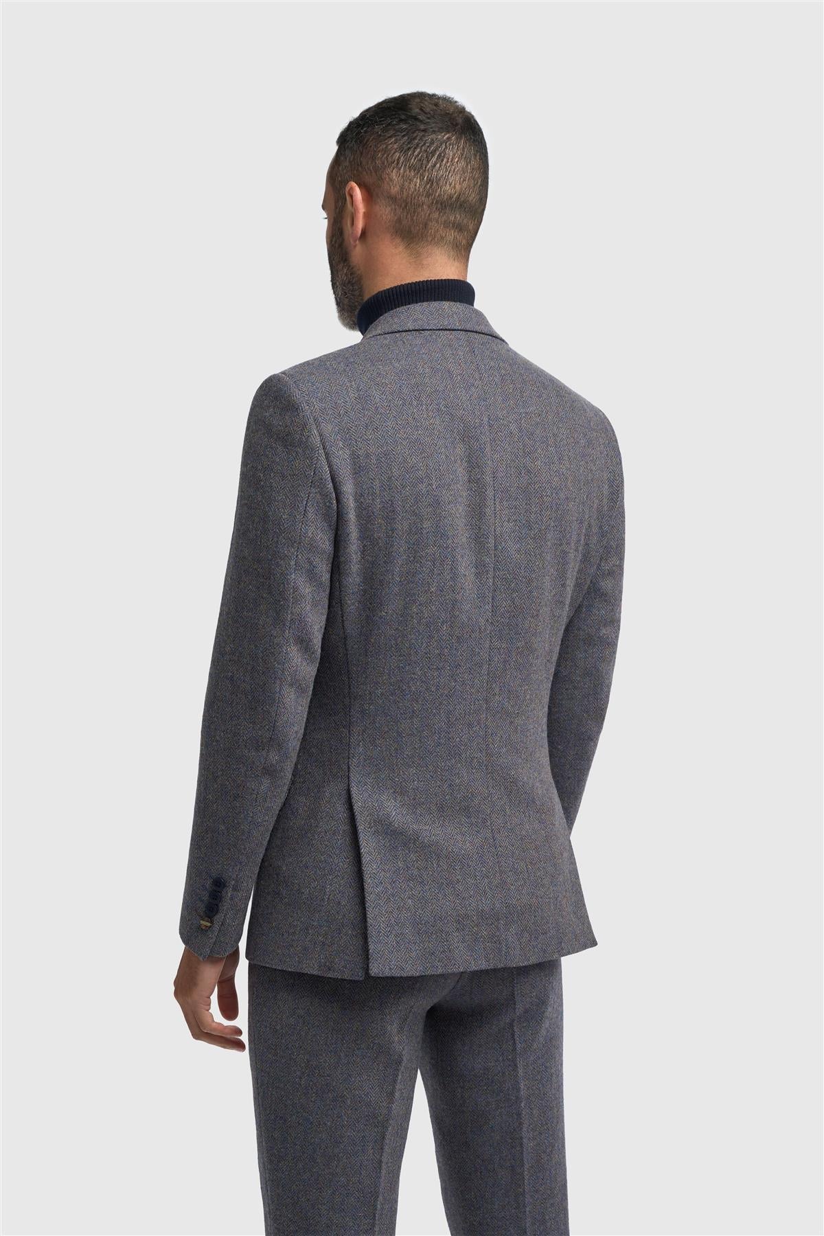Thomas - Heren Marineblauwe Klassieke Herringbone Tweed Blazer