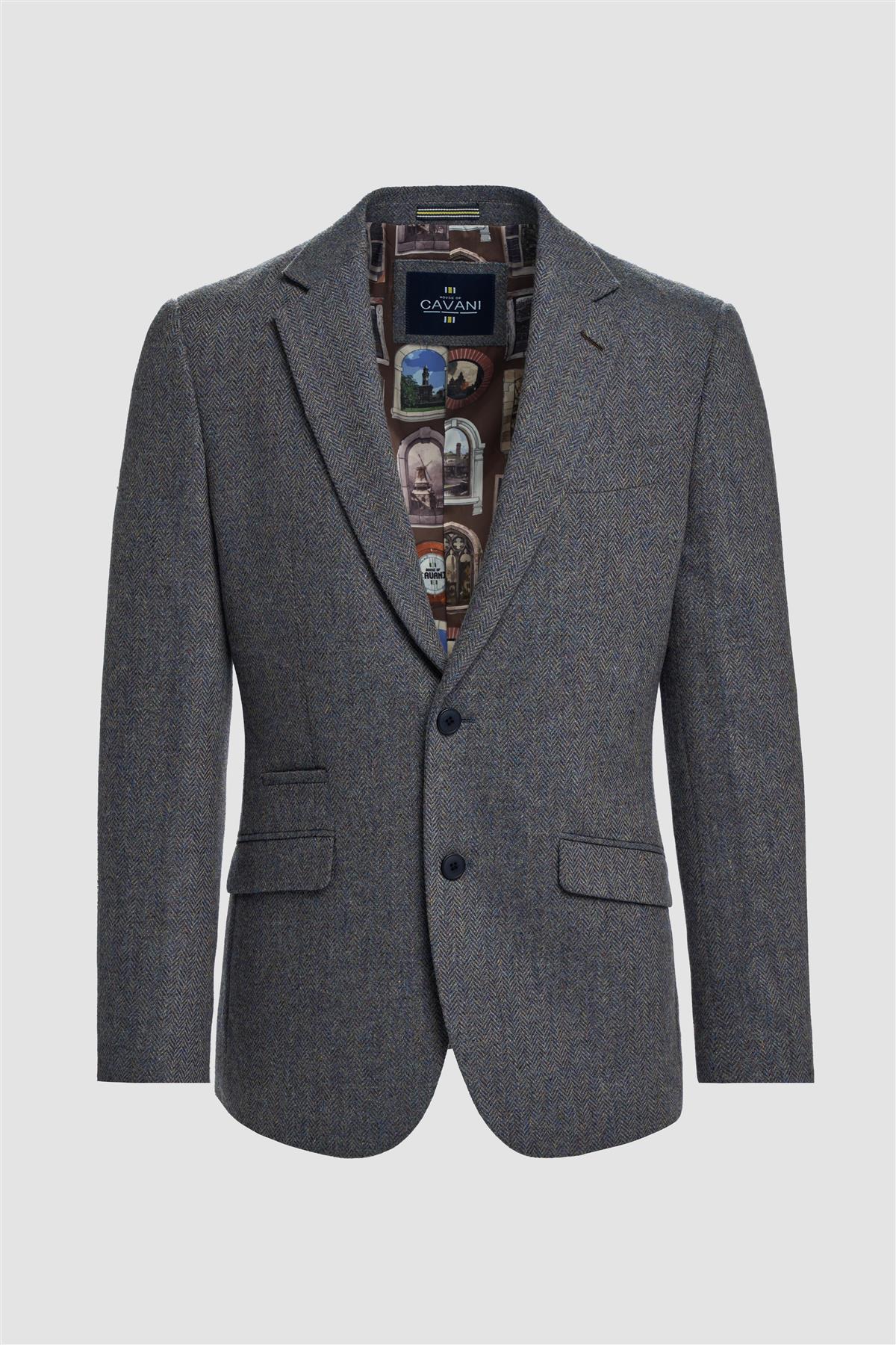 Thomas - Heren Marineblauwe Klassieke Herringbone Tweed Blazer