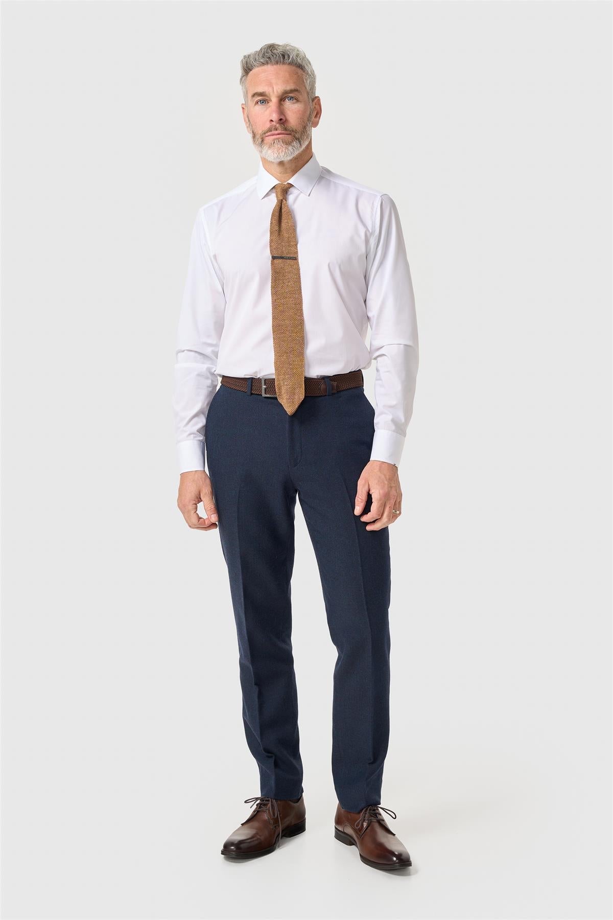 Thomas - Heren Marineblauwe wolmix visgraat tweed broek