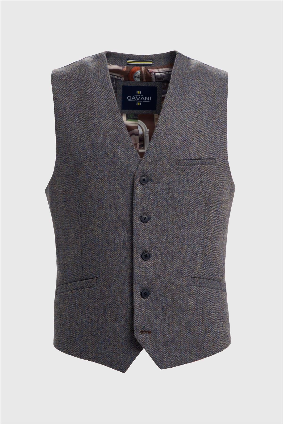 Thomas - Heren Marineblauw Wolmix Visgraat Tweed Vest