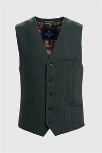 Thomas - Heren Olijfgroen Wolmix Visgraat Tweed Vest