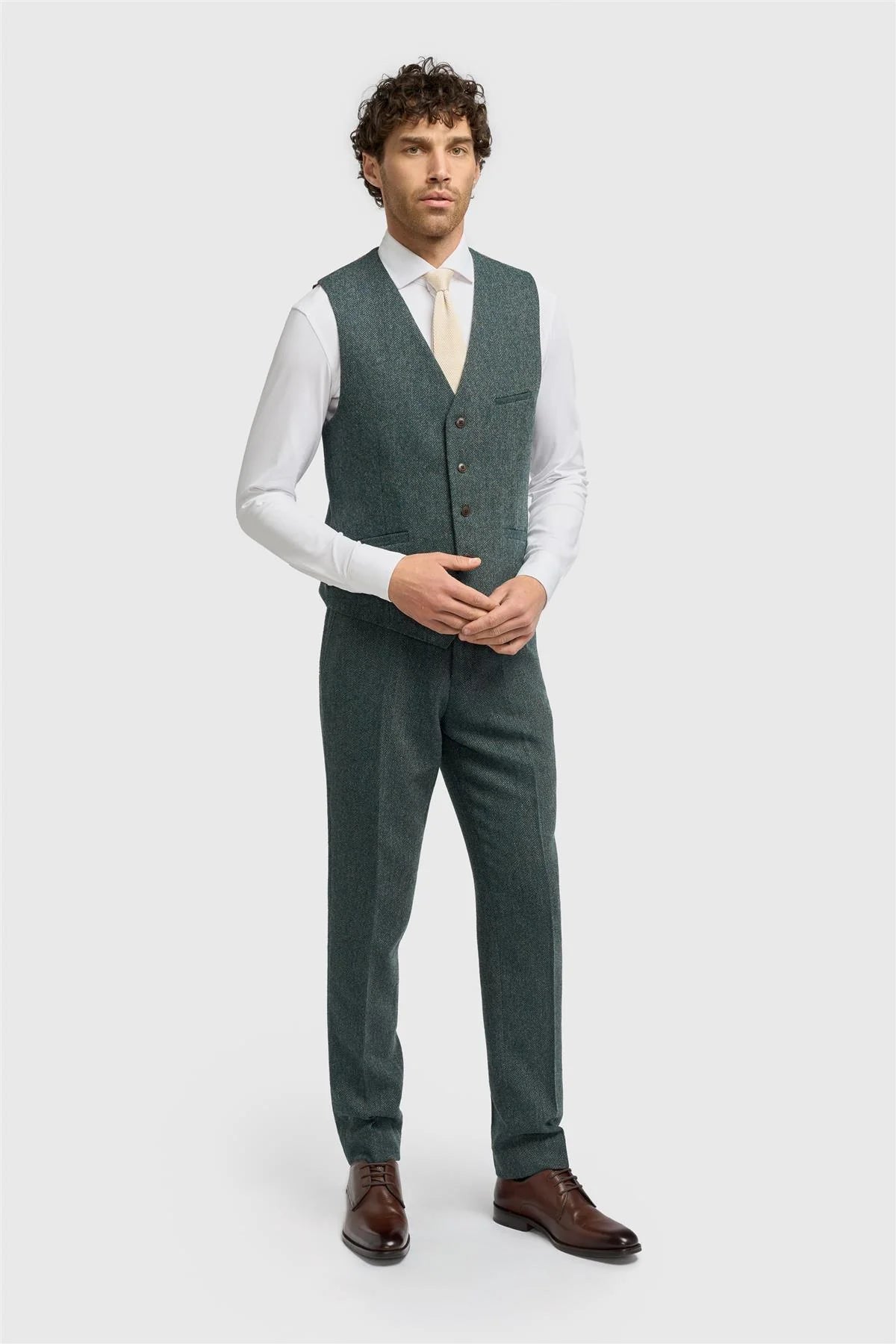 Thomas - Heren Olijfgroen Wolmix Visgraat Tweed Vest