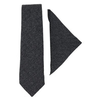 Men's Tweed Charcoal Tie Hankie Set Classic British Heritage Wool Herringbone