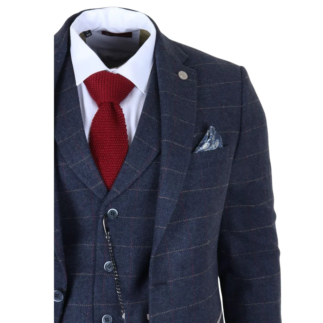 TP-32 - Gatsby-stijl marineblauw 3-delig wollen tweedpak voor heren