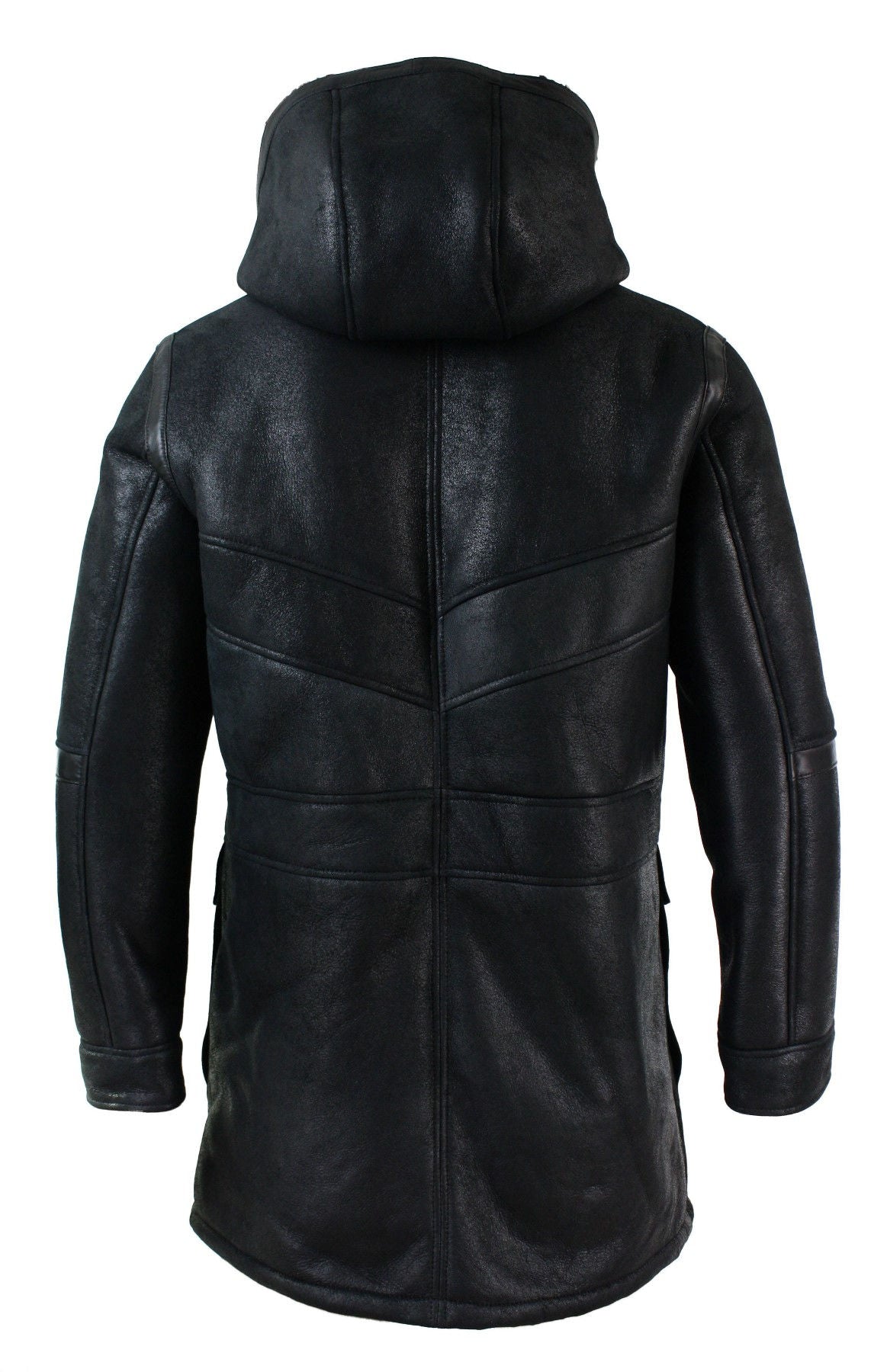 Mens Real Shearling Sheepskin 3/4 Hood Duffle Jacket Black Fur Warm Winter