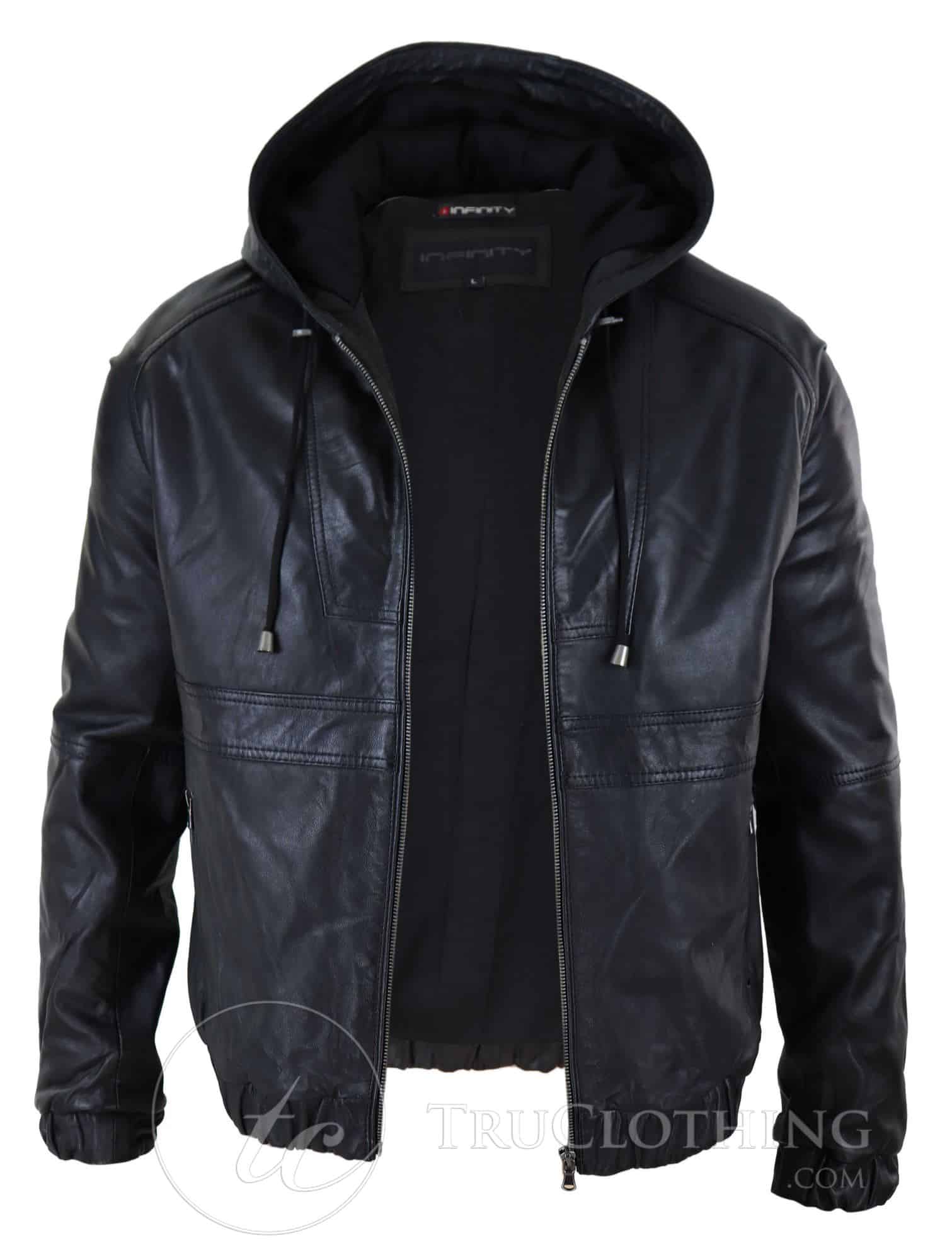 Mens Real Leather Bomber Hood Jacket - Black