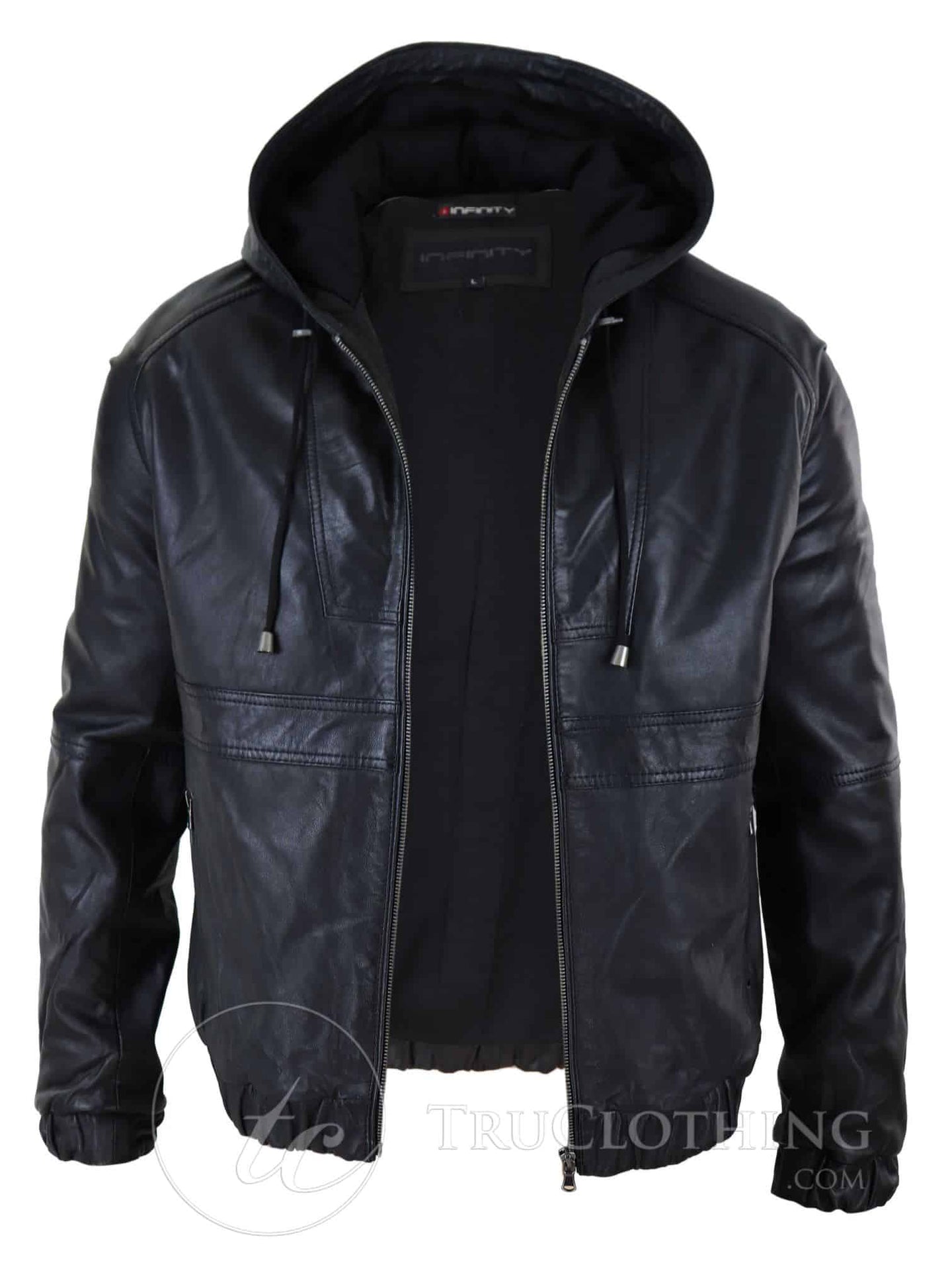 Mens Real Leather Bomber Hood Jacket - Black