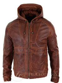 Mens Real Leather Bomber Hood Jacket - Tan