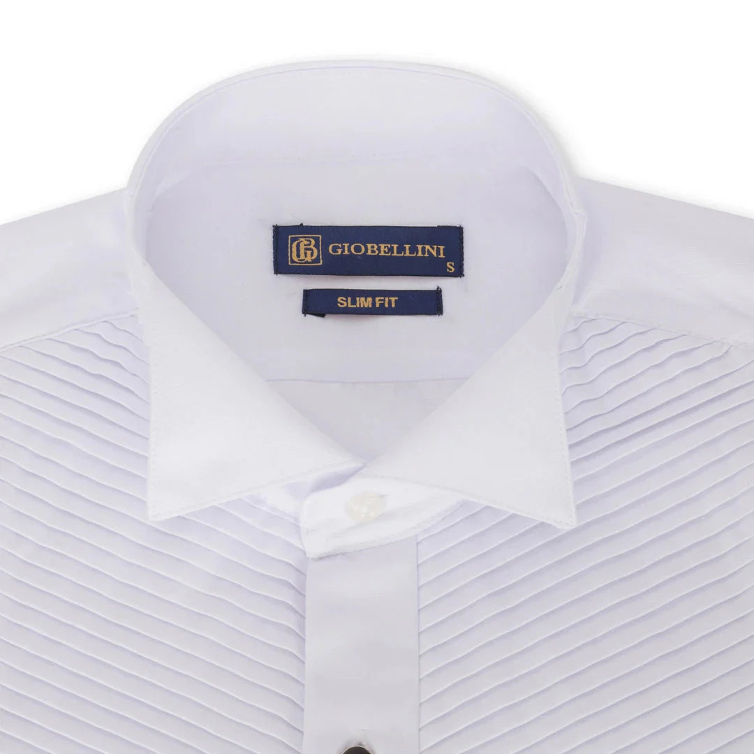 Men's Wing Collar White Shirt Pleated Tuxedo Double Cuff Satin Cotton