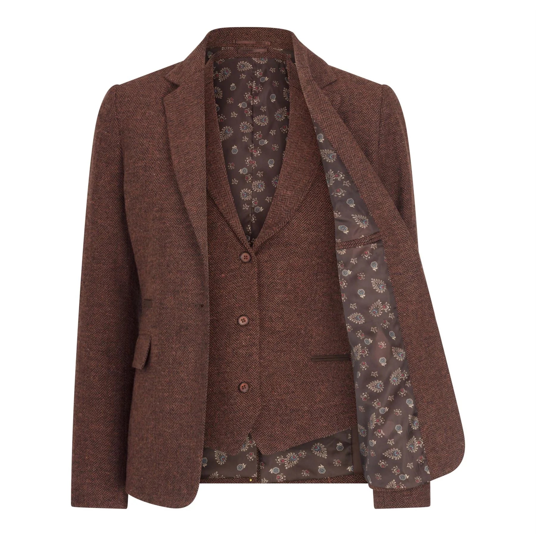 WS-12 - Dames Tweed Pak Vest Visgraat Wol Roestbruin