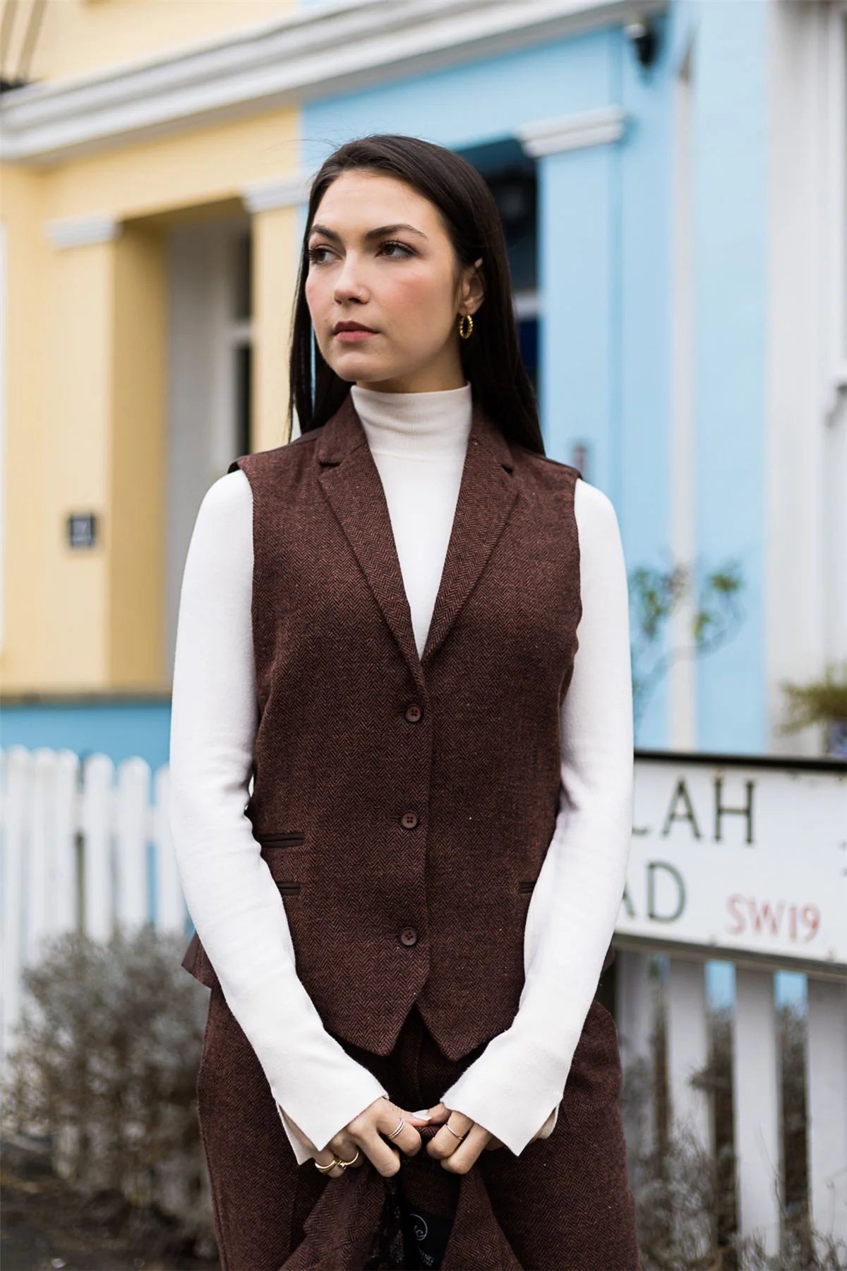 WS-12 - Dames Tweed Pak Vest Visgraat Wol Roestbruin