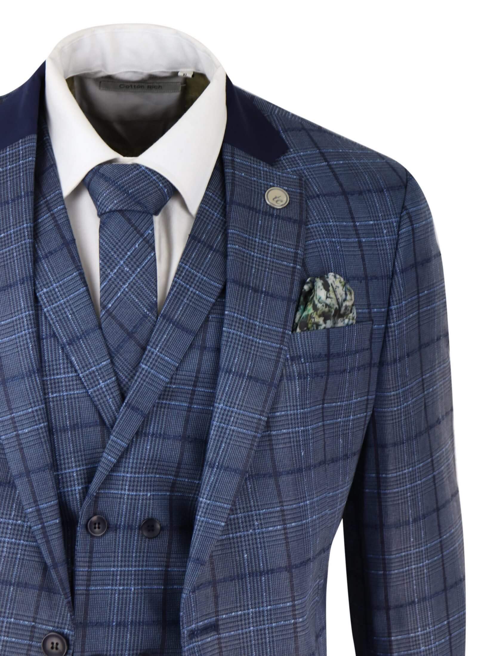 Mens Blue Check Tailored Fit Suit