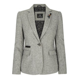 Gray blazer with a patterned shirt underneath on a white background